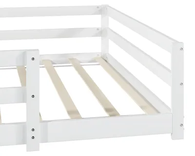 Image de Lit au sol Montessori 140 x 200 cm avec grille 4 côtés, sommier à lattes, bois de pin, blanc