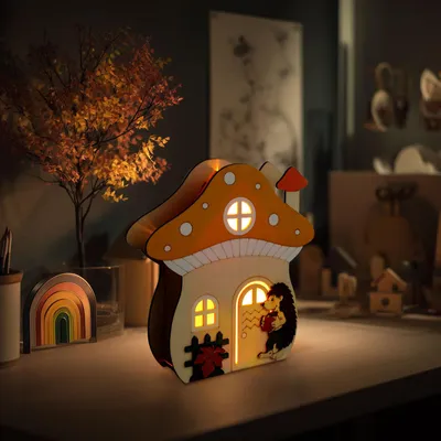 Produktbild von Lichtdekoration Pilzhaus Igel aus Holz (MDF) Warmweiß LED 15x16x5 cm kabellos batteriebetrieben, KI-generiertes Bild