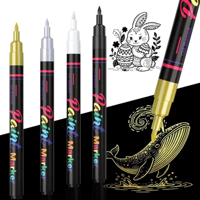 Zdjęcie produktu dla Zestaw 4 długopisów permanentnych, 0,7 mm, precyzyjna końcówka, na bazie oleju, wodoodporne, w kolorach: czarny, biały, złoty, srebrny