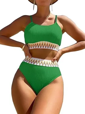 Produktbild von Push-Up-Bikini Damen-Bikini-Set gerippt hoch tailliert Badeanzug Hoch tailliertes geripptes Bikini-Crop-Top Badeanzug-Set, 2-teilig