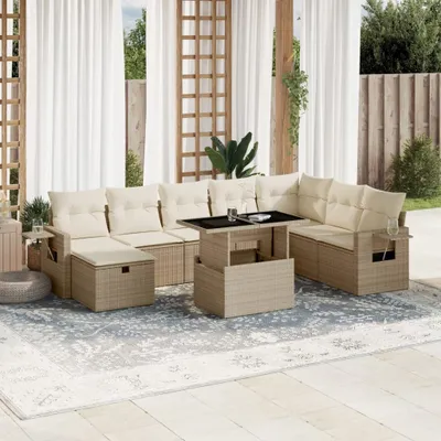 Produktbild von Design 9-tlg. Garten-Sofagarnitur mit Kissen Beige Poly Rattan, Gartenmöbel-Sets 2024 Neu