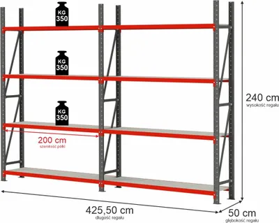 Zdjęcie produktu dla Regał magazynowy metalowy zestaw dwa moduły 8-półkowy Mega-M FORTIS 425,5x50x240cm