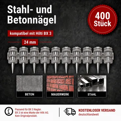 Produktbild von Stahl u. Beton Nägel 24 mm 400 Stück komp. mit Hilti BX 3 Mauerwerk Befestigung