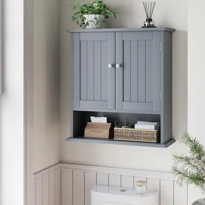 Produktbild von Badezimmerschrank hängend Holz, Hängeschrank Bad mit offener Ablage, Badschrank Wandschrank mit Türen & verstellbarem Regal, Badhängeschrank für Badezimmer Küche 60 x 19.8 x 54.6 cm (Grau)