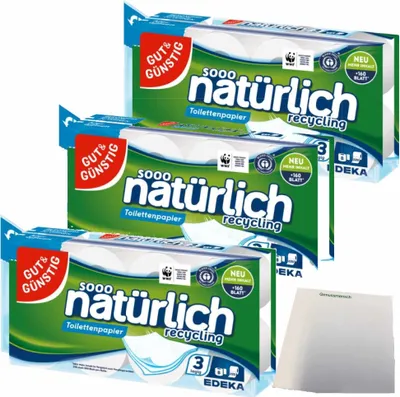 Produktbild von Gut & Günstig Recycling Toilettenpapier 3er Pack 3-lagig (3x10 Rollen x 200 Blatt) + usy Block