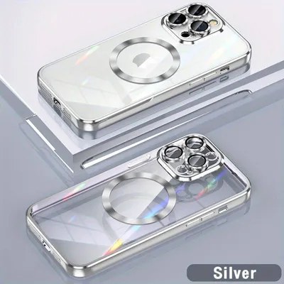 Two identical silver iPhone cases are shown, one slightly behind the other, on a white and light gray surface.