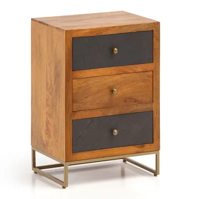 Produktbild von Nachttisch Mango Massivholz / Steinoptik 40x60x30 cm Nachtschrank Boxspringbett, Design Nachtkonsole Braun mit 3 Schubladen, Nachtkommode mit Stauraum & Metallgestell