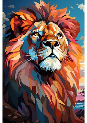 Image de Tableau mural encadré lion géométrique coloré 65x97 cm, Tableau mural moderne pour décoration intérieure