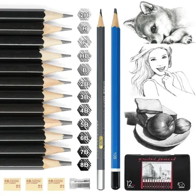 Produktbild von Bleistift Set - 14-teiliges Skizzen-Set mit Metallbox - Professionelle Zeichnen Stifte