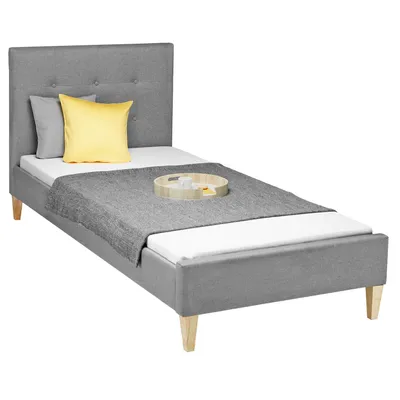 Image de Lit rembourré avec matelas 90x200 Sommier à lattes Lit double en tissu Cadre de lit Lit gris