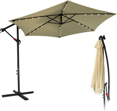 Image de Parasol Jopassy Beige LED Solaire Ø300cm Parasol à pied déporté Parasol de jardin Parasol de marché Manivelle Balcon Aluminium Inclinable