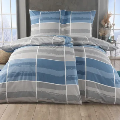 Produktbild von Malika Baumwoll-Bettwäsche 4-teilig, 2 × 135 × 200 + 2 × 80 × 80 cm, Blau-Grau kariert