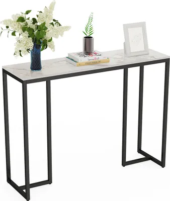 Image de WISFOR Table d'appoint en marbre Table d'entrée décorative avec structure métallique, 100x30x78.5cm, Bentley Blanc