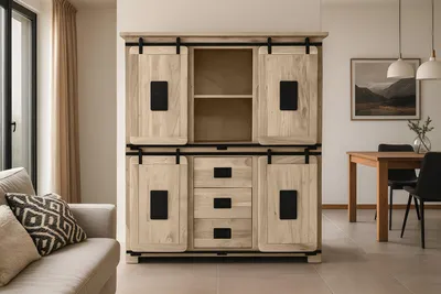 Produktbild von Highboard Vitrine Akazie massiv eichenfarben 150 x 45 x 160 cm LIBRO