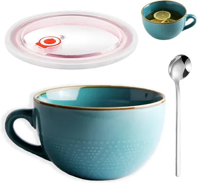 Image de Grande tasse en céramique, 700 ml, bols à muesli (bleu clair), tasses à café avec anse, saladiers, tasses à thé avec couvercle et cuillère, tasses en porcelaine pour cadeaux