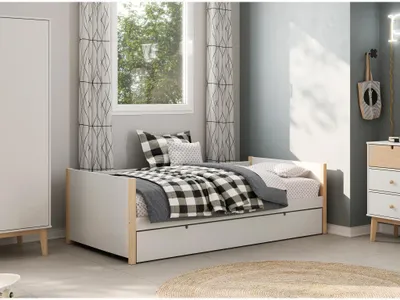 Produktbild von Ausziehbett - 2 x 90 x 190 cm - MDF, Kiefernholz & Metall - Weiß & Holzfarben - MAREKI