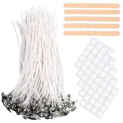 Image de Kerzendocht Set : 100 mèches de 15 cm, 5 supports en bois pour mèches, 100 autocollants