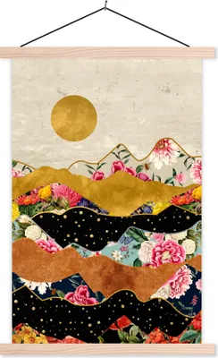 Produktbild von MuchoWow® Textilposter Gold - Blumen - Druck - Abstrakt - Landschaft - Muster 120x180 cm mit holzfarbenen Rahmen - Textil-Plakat