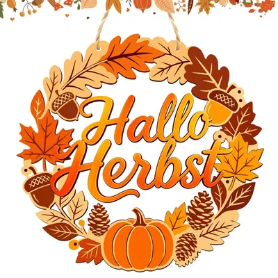 Herbstkranz aus Holz 28 cm, Kürbis Hängeschild