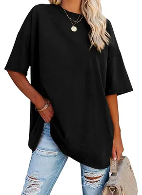 Produktbild von Oversized Damen-T-Shirts, Kurzarm, Rundhalsausschnitt, Tunika-Tops aus Baumwolle
