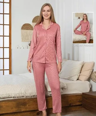 Produktbild von Damen Pyjama Schlafanzug Lang Rosa L Baumwolle mit Knöpfen 2 Teiler Warm L-47