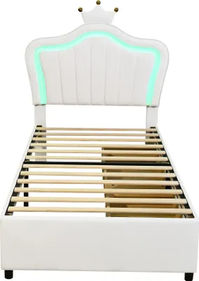 Produktbild von okwish Kinderbett Plattformbett 90×200 cm mit Lattenrost, Polsterbett Jugendbett für Jungen und Mädchen, Funktionelles Einzelbett mit LED-Licht und schubladen-PU Weiß(Ohne Matratze)