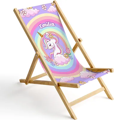Produktbild von Kinder Holz-Liegestuhl Personalisierbar Klappbar Klappliegestuhl Sonnenliege Strandstuhl Wechselbezug Motiv Einhorn Unicorn [119]