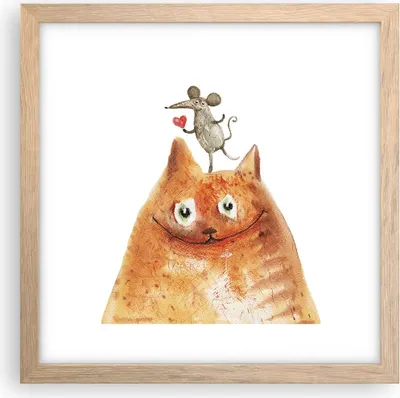 Produktbild von Gerahmtes Poster - Rahmen in heller Eiche - Katze Maus Kinder - 30x30 cm - Wand Bild - Wanddeko - Wandbilder - Wandposter - Bilderrahmen - Bilder - Kunstdruck - Wandbild - P2NAC30x30-4195
