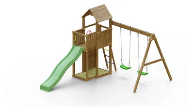 Produktbild von Fungoo Spielturm "Boomer 3" KDI mit Rutsche, Doppelschaukel, Leiter, Griffe, Kletterwand und Holzdach