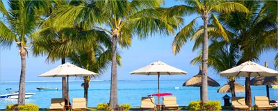 Produktbild von Wallario selbstklebendes Poster - Sonnenschirme am Südsee-Palmenstrand mit blauem Meer-Wasser, Größe: 50 x 125 cm
