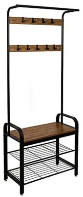 Produktbild von Garderobe mit Schuhregal, 3 Ebenen, 9 Haken, Braun+Schwarz, 183 cm