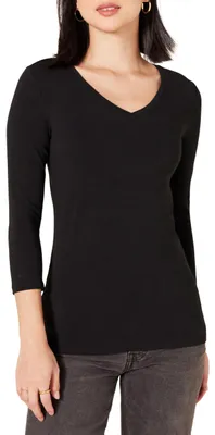 Produktbild von Amazon Essentials Damen-T-Shirt mit 3/4-Ärmeln und V-Ausschnitt (erhältlich in Übergröße), Schwarz, Größe S