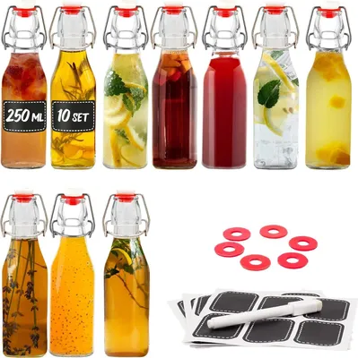 Immagine prodotto di Set di 10 bottiglie di vetro da 250 ml con tappo a battente - bottiglie a battente per il riempimento - bottiglie di vetro per olio, aceto, succo e limonata