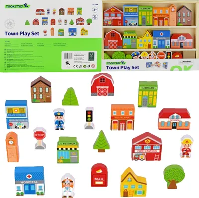 Produktbild von TOOKY TOY Bausatz aus Holz mit Gebäuden und Figuren Stadt