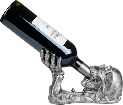 Imagen del producto de Soporte para botella en forma de cráneo – Soporte para bebidas con cráneo y mano esquelética, color plateado – Adorno para botella, figurita pintada a mano, accesorios para vino