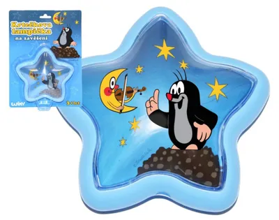 Zdjęcie produktu dla Lampka LED "Krtek" w kształcie gwiazdy, plastikowa, do zawieszenia, średnica 15 cm, zapakowana na kartonie