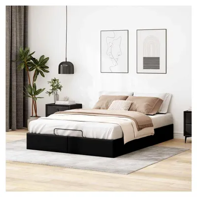 Produktbild von Boxspringbett 140 x 200 cm mit Bettkasten, hydraulisches Stauraumbett aus Kunstleder, Polsterbett für das Schlafzimmer in Schwarz