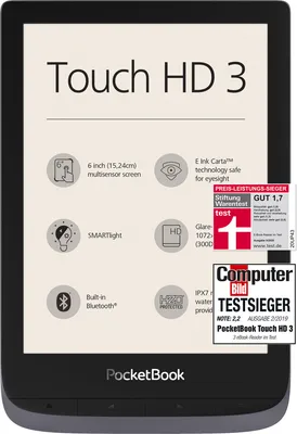 Produktbild von PocketBook Touch HD 3, 15,2 cm (6"), E Ink Carta, 1072 x 1448 Pixel, CHM, DOC, DOCX, DjVu, EPUB DRM, FB2, FB2.ZIP, HTM, HTML, MOBI, PDF, PRC, RTF, TXT, M4B, MP3, BMP, JPEG, PNG, TIFF