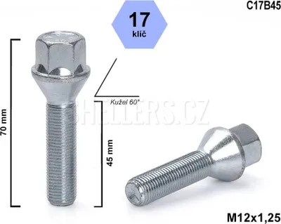 Obrázek produktu pro Kolový šroub M12x1,25x45 kužel, klíč 17, C17B45, výška 70mm