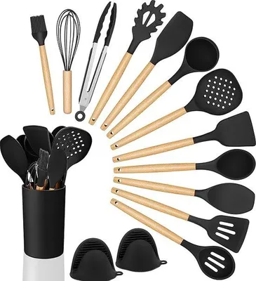 Produktbild von Famanu Küchenutensilien Set - 15-teiliges Silikonset mit Holzgriffen