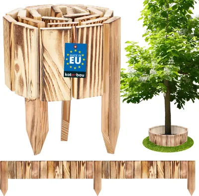A wooden garden border product is shown in a studio setting with a tree and a sample installation.