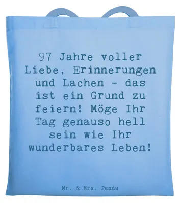Produktbild von Mr. & Mrs. Panda Jutebeutel Spruch 97. Geburtstag - Sky Blue - Geschenk, Freude, Beutel, Lebensfreude, Tote Bag, Liebe, Alter, Happy Birthday, Glück, dokumententasche
