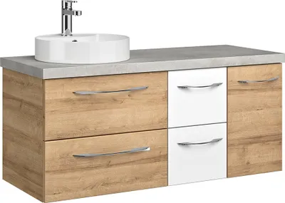Produktbild von Badmöbel Waschtisch, 120cm, mit Keramikwaschbecken in Riviera Eiche Nb. mit weiß Glanz und Oxid Hellgrau VILLATORO-66, B/H/T ca. 118/61,2/44,5 cm