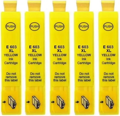 Five yellow ink cartridges lined up against a white background.