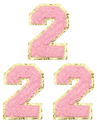 3 Chenille-Zahlenaufnäher, Nummer 2, selbstklebend, rosa mit Goldrand