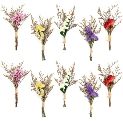 10er-Set Mini-Trockenblumensträuße, Boho, 17 cm, bunt, Naturblumen