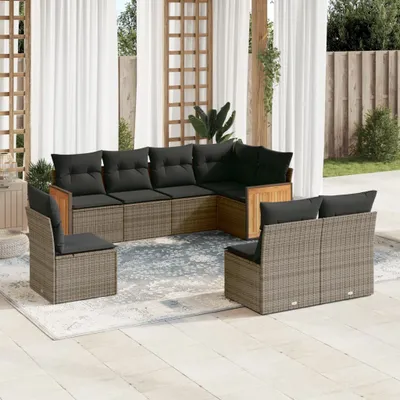 Produktbild von Design 8-tlg. Garten-Sofagarnitur mit Kissen Grau Poly Rattan, Gartenmöbel-Sets 2024 Neu