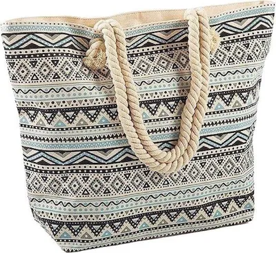 Produktbild von Große Strandtasche aus Canvas mit Aztekmuster und Henkeln