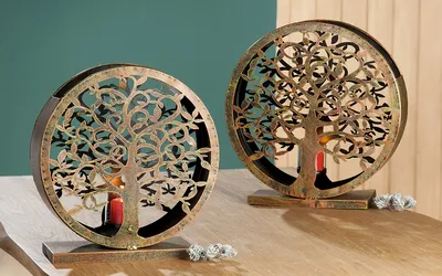 Image de Gilde 2er Set, Windlicht, rund, "Lebensbaum", Lebensbaummotiv, Metall, kupferfarben, VE 1, L. 13 cm 68074 4009079680744