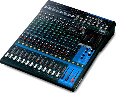A studio shot of a Yamaha MG16XU audio mixer.